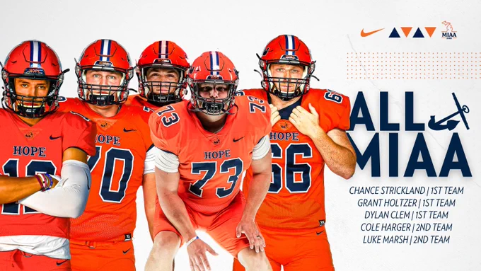 Five Hope football players pose for portraits.