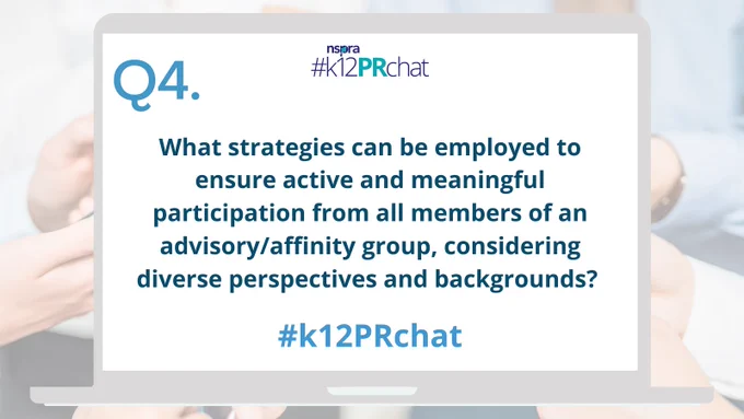 Image of a laptop displaying the #k12PRchat logo and the question in the text of the tweet.
