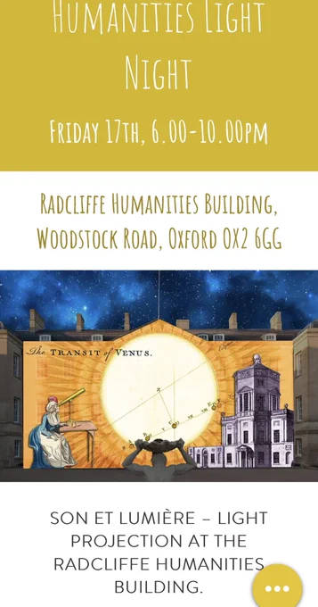 Picture of the humanities light night - saying the date and time: Friday 17 November, 6-10pm, at the Radcliffe Humanities building on Woodstock Road, OX2 6GG