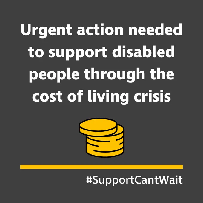 Square grey graphic with white text that reads: “Urgent action needed to support disabled people through the cost of living crisis”. Beneath the text is a yellow graphic of a stack of yellow coins, a thick horizontal yellow line and white text that reads #SupportCantWait.
