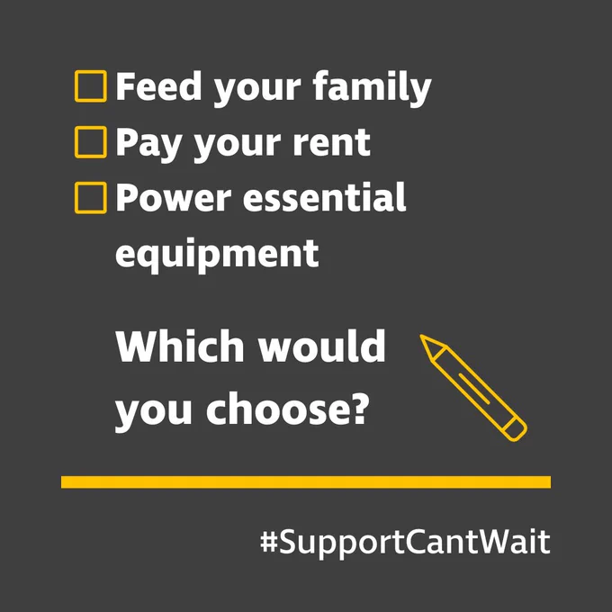 Square grey graphic with three unticked yellow tick boxes that read the following in white text; box one: “feed your family”, box two: “pay your rent”, box three: “power essential equipment”. Below these is the text “Which would you choose?” with a graphic of a yellow pencil beside it, a thick horizontal yellow line and white text that reads #SupportCantWait.