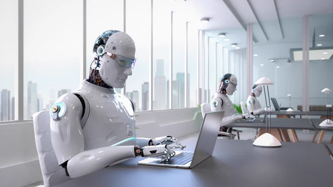 Interpretation of AI with robots on laptops