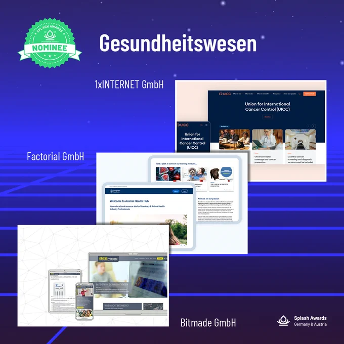 Das Bild zeigt die nominierten Projekte der diesjährigen Splash Awards Deutschland und Österreich 2023, bereitgestellt durch 1xINTERNET, Factorial GmbH und Bitmade GmbH.