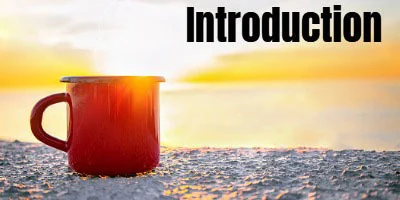 A mug containing a hot beverage with a waterfront view and a sunset in the background. The word "Introduction" is written in black.