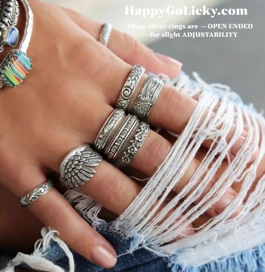 Sterling Silver Stacking Rings: Neat stacking rings offer texture and intrigue to your own collection, or wear singly for a minimalist look.

These silver rings are → OPEN ENDED ← for slight ADJUSTABILITY for stacking options and comfort, for those days when you need a little extra room.

TEN designs give you plenty of variety and will add a carefree bohemian allure to your wardrobe. Try a Mandy or Bella for a fun whimsical look, Angie and Clare evoke a vintage vibe, or choose a Robin or Striped for a more classic look. Floral, Farrah, and Hope are sweet and feminine. Grab a bunch and CREATE your own DIY sterling silver ring STACK set to express your personal style. INSTANT COLLECTION! 