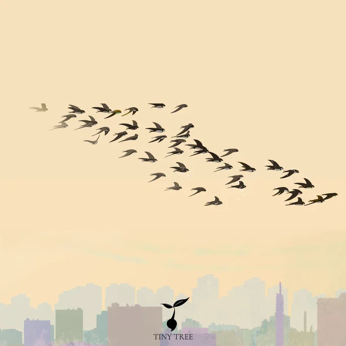 Illustration. A large flock of Swifts flies over a distant multi-coloured cityscape on a sand-coloured background.