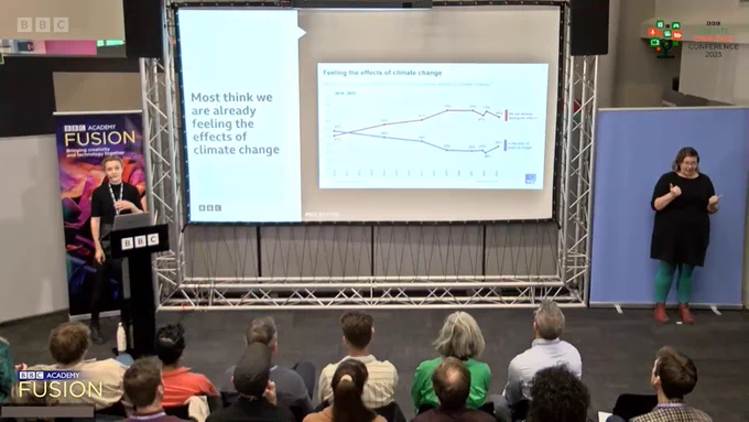 A screen grab from the video highlighted in the post showing Jennifer Pullan, Audience Research Manager for BBC Audiences, at #ClimateCreatives speaking about “What People Think About Sustainability”.  She has a screen showing slides in front of any audience and there is a BSL interpreter to one side. 