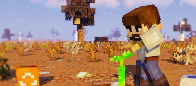 Minetest figur versucht etwas in einer heissen Steppe anzubauen.