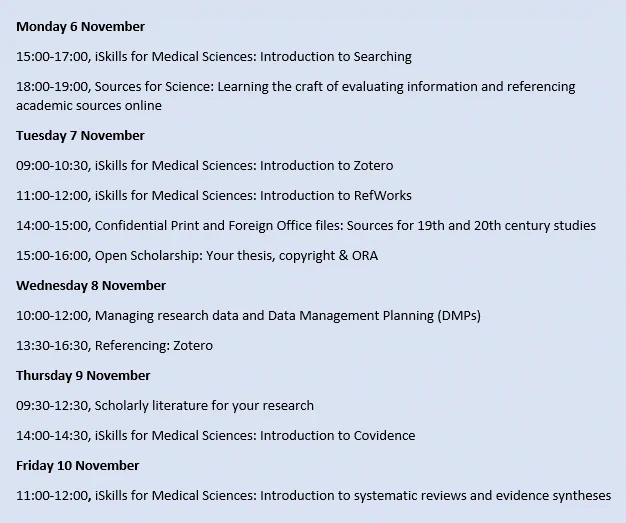List of iSkills workshop in 5th week of Michaelmas term