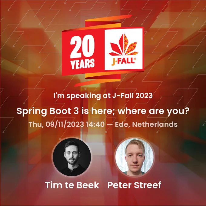 Banner for "Spring Boot 3 is here; where are you?" at 14:40 at JFall.