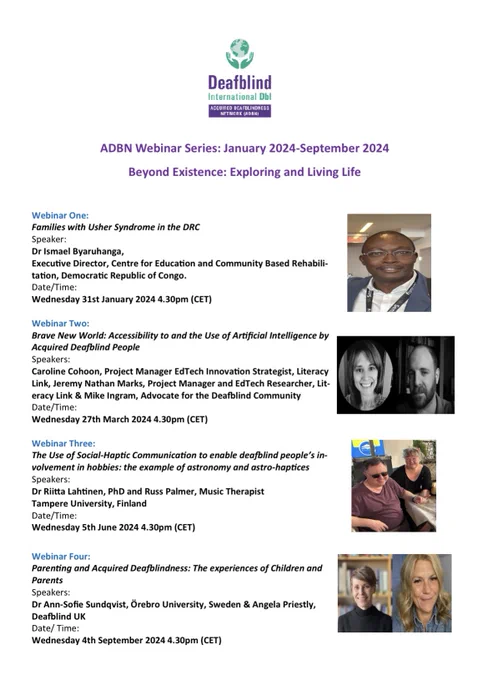Image of the flyer for the ADBN webinars. This lists the details of the four webinars and has photos of the speakers. Webinar one is Dr Ismael Byaruhanga on 31/1/24. Webinar two is Carolina Cohoon, Jeremy Marks & Mike Ingram on 27/3/24. Webinar three is Dr Riitta Lahtinen and Russ Palmer on 5/6/24. Webinar Four is Dr Ann-Sofìe Sundqvist and Angela Priestly on 4/9/24.