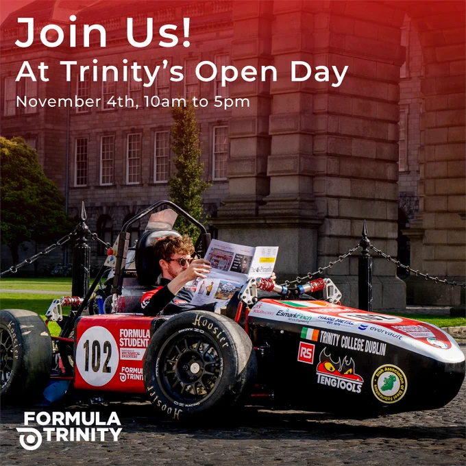 Picture of Formula Trinity's Race Car on Trinity campus

Join Us!
At Trinity's Open Day
November 4th, 10am to 5pm
Formula Trinity
