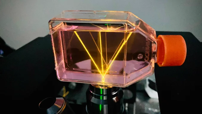3 laser beams interfering at the focal plane of the microscope to create structured illumination