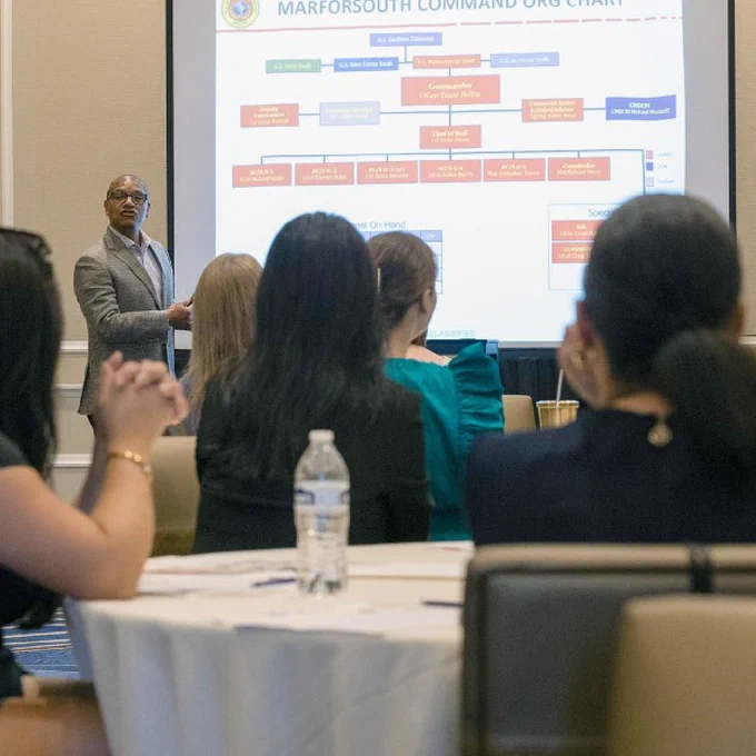 Spouses of U.S. service members listen to a Marine Forces South command presentation as part of the Marine Corps Support Facility New Orleans, Spouse Orientation 2023, at the Higgins Hotel, New Orleans, Oct. 20, 2023. The spouses attended briefs given throughout the weekend focusing on the facility, upcoming events, benefits, the surrounding area, and how they can become involved and help with family readiness. This was the first iteration of this orientation and more will be scheduled throughout the following years. (U.S. Marine Corps photo by Lance Cpl. Sarah Pysher)