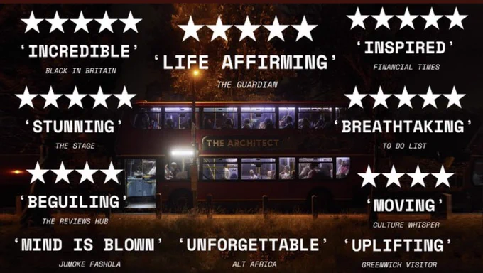 Reviews of The Arhcitect against a background of the bus, stationary in Kidbrooke, with audiences and performers on both decks listening intently to each other in this immersive and interactive production