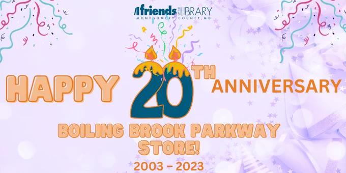 Image of streamers and candles with text that says "Happy 20th Anniversary Boiling Brook Parkway Store!" and "2003-2023"