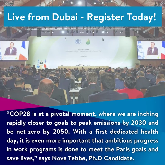 Live from Dubai - Wisconsin Goes to COP 28. Register today!

“COP 28 is at a pivotal moment, where we are inching rapidly closer to goals to peak emissions by 2030 and be net-zero by 2050. With a first dedicated health day, it is even more important that ambitious progress in work programs is done to meet the Paris goals and save lives,” says Nova Tebbe, Ph.D Candidate.