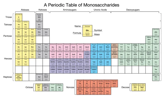 Periodic Table of Monosaccharides where 104 monosaccharides are arranged in a systematic table separated by their properties.