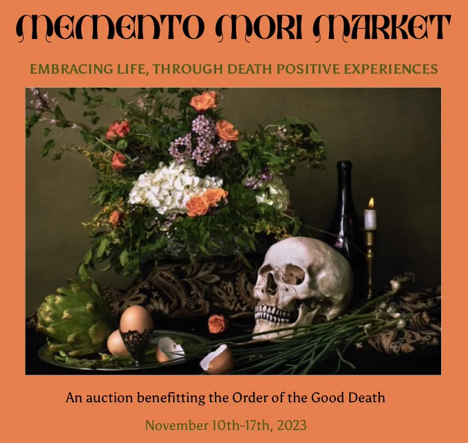 Graphic with orange background and vanitas photo. Text reads memento mori market