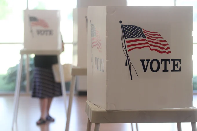 A voting booth at a polling place.