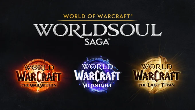 An infographic-style image of the logos for the next three WoW expansions (The War Within, Midnight, and The Last Titan) over a black background. Large title text appears at the top and reads: “World of Warcraft – Worldsoul Saga. The three logos each feature the text from the traditional WoW logo that reads “World of Warcraft” and feature versions of the Titanic ring, but are otherwise unique from previous logos. The War Within logo has an orange glowing tint and features a cracked Titanic ring with a cracked Azeroth in the middle. A massive crack glows down the middle. The Midnight logo has a purple glowing tine and features a broken Titanic ring with shards floating around and swirling purple energy in the middle. The Last Titan logo features a gold glowing tint and features a repaired Titanic ring with a second ring wrapped around it. Gold constellations fill the center