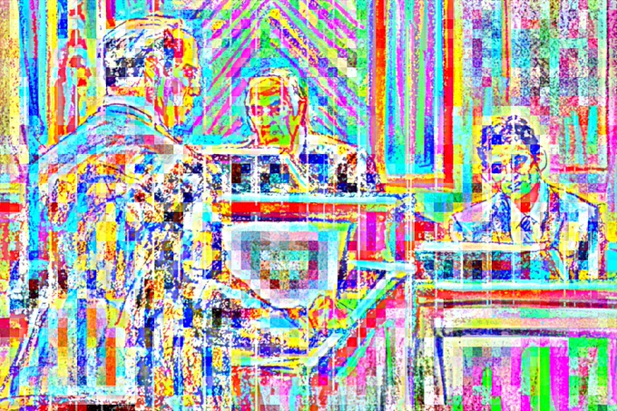 a heavily deep fried (exaggerated saturation and contrast with clipping, synthetic colors, and many artifacts) version of the above incredibly un-flattering courtroom sketch of "sam bank man cooked"