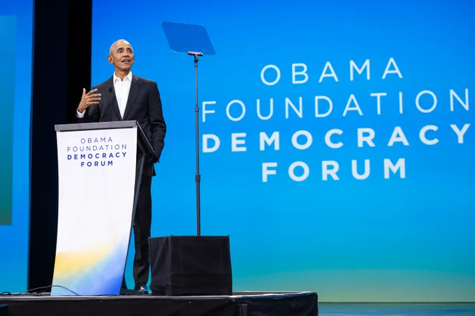 President Obama gives remarks at the 2023 Democracy Forum in Chicago, Illinois. 