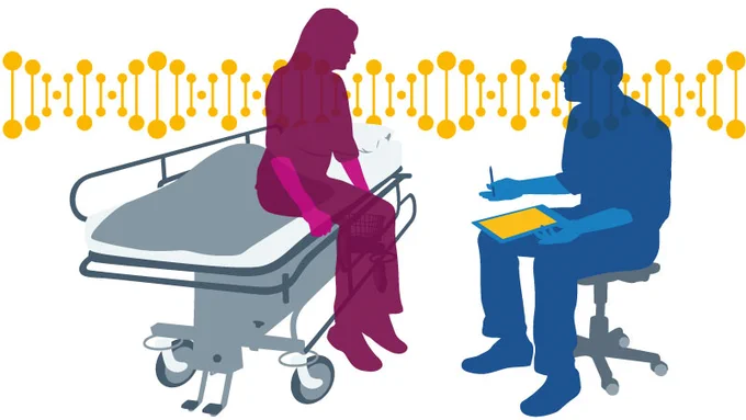 A doctor sits in a chair with a clipboard on his lap and a pen in his hand. He is in conversation with a patient, who sits upright opposite him on a hospital bed and leans slightly towards him.