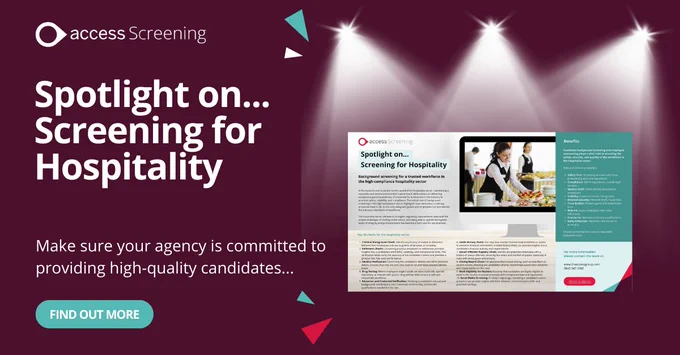 Text reads "Spotlight on... Screening for Hospitality. Make sure your agency is committed to providing high-quality candidates. Find out more" Next to a mockup image of the downloadable content.