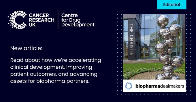 The text on this image reads: 'New article: Read about how we're accelerating clinical development, improving patient outcomes, and advancing assets for biopharma partners. To the right, an image of our Centre for Drug Development can be seen. 