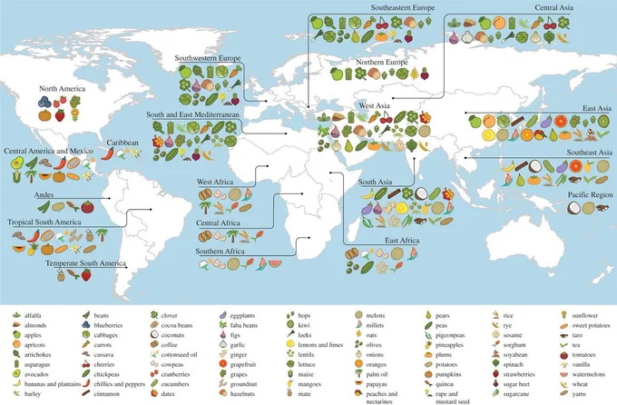Khoury et al. 2016 showed the primary regions of diversity of major agricultural crops worldwide. 