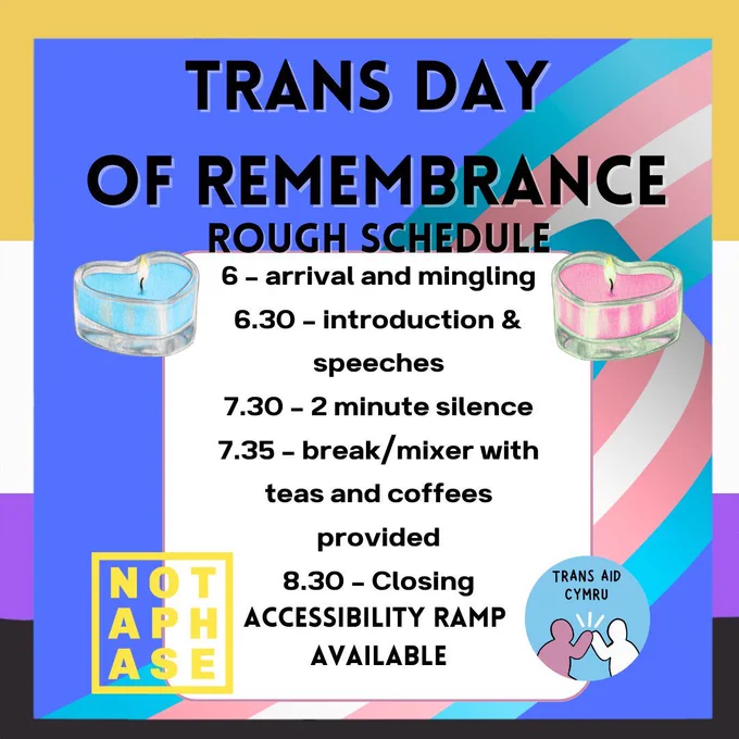 ALT TEXT PART 2: The graphic design is the same as the first image, but now instead of the text stating the location, date and times, is a new title stating "ROUGH SCHEDULE"; underneath it is text that states: "6- Arrival and Mingling, 6:30 - introduction & speeches, 7:30 - 2 minute silence, 7:35 - break/mixer with teas and coffees provided, 8:30 - closing". Below is larger text that states "ACCESSIBILITY RAMP AVAILABLE".