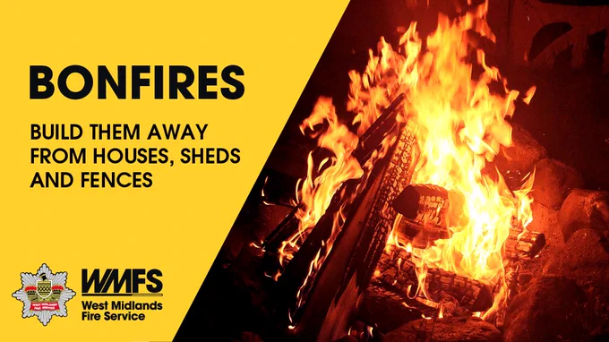 A graphic with text on a yellow background on the left, and a bonfire on the right. Text reads: Bonfires. Build them away from houses, sheds and fences.