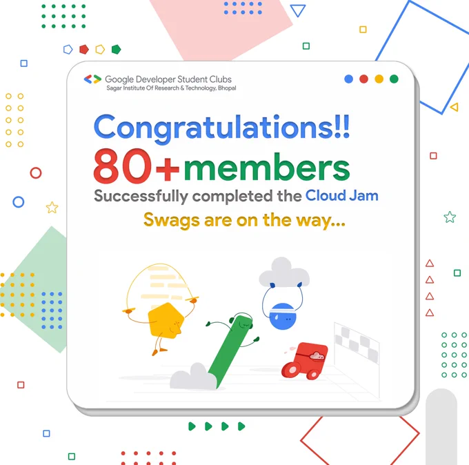 An image celebrating the successful completion of a cloud study jam. The illustration-filled image showcases cloud computing concepts, servers, and data clouds, along with a 'Congratulations' note. A cloud with a diploma signifies your achievement in cloud computing and technology studies.