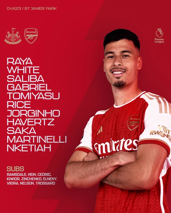 Starting XI: Raya, White, Saliba, Gabriel, Tomiyasu, Rice, Jorginho, Havertz, Saka, Martinelli, Nketiah

Substitutes: Ramsdale, Hein, Cedric, Kiwior, Zinchenko, Elneny, Vieira, Nelson, Trossard