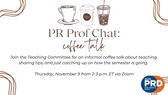 Graphic of different types of coffee drinks with text "join the teaching committee for an informal coffee talk about teaching, sharing topics, and just catching up on how the semester is going. Thursday November 9 from 2-3 p.m. ET via Zoom"