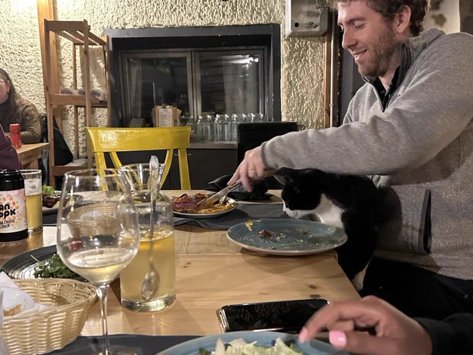 Me smiling and eating dinner while a black and white cat on my lap sticks its head over a plate on the table