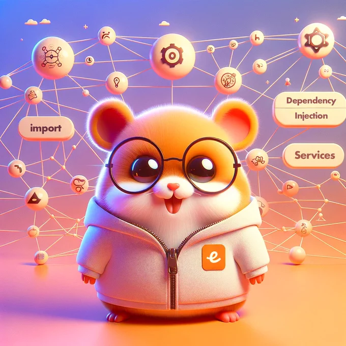 A cute cartoon hamster mascot, wearing a white zip up hoodie, standing in front of a mesh of interconnected nodes of various sizes. The majority of these nodes have abstract symbols on them, but among the nodes, three in particular stood out with the text "import", "Dependency Injection" and "Services" printed on them. Please note that the mascot in the artwork is a generic hamster character. It is not a rendition of the official Ember Tomster™, which is a registered trademark. This character is not an official mascot of Ember. It is not approved or endorsed by the project in any way, just like the code in this addon.