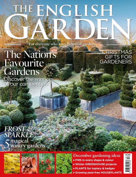 This is a photograph of the cover of the English Garden magazine's December edition. It shows a beautiful winter garden with topiary. The text lists some of the highlights inside the magazine - the nation's favourite gardens, peat-free houseplants, Christmas gifts for gardeners, winter greenhouse projects, and magical wintery gardens. 