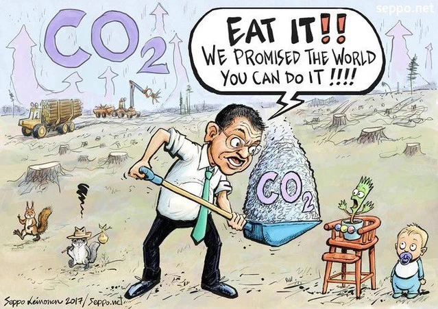 Man giving huge pile of CO2 to baby tree. Cartoon by Seppo Leinonen (@sepponet), shared on his account to warn of the ravages of industrial logging in Finland. 