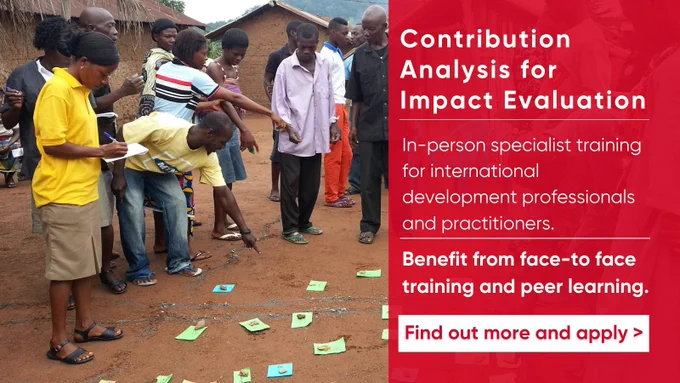 A group stand around post it notes in a village, discussing what is written on them. A red box to the left with white text repeats the course name and benefits. A white box with red text reads Find out more and Apply now.