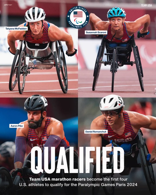 A graphic that pictures Para marathon racers Tatyana McFadden, Susannah Scaroni, Aaron Pike, and Daniel Romanchuk paired with the text, "Qualified: Team USA marathon racers become the first four U.S. athletes to qualify for the Paralympic Games Paris 2024." 