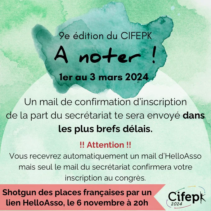 Un mail de confirmation d’inscription de la part du secrétariat te sera envoyé dans les plus brefs délais. ATTENTION Vous recevez automatiquement un mail d’HelllAsso mais seul le mail du secrétariat confirmera votre inscription au congrès.