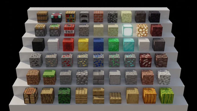 Image of different minecraft blocks, 3D generated.