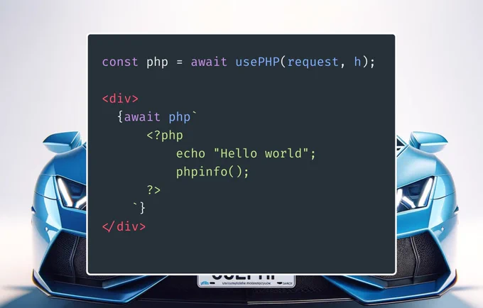 const php = await usePHP(request, h);

<div>
  {await php`
      <?php
          echo "Hello world";
          phpinfo(); 
      ?>
    `}
</div>
