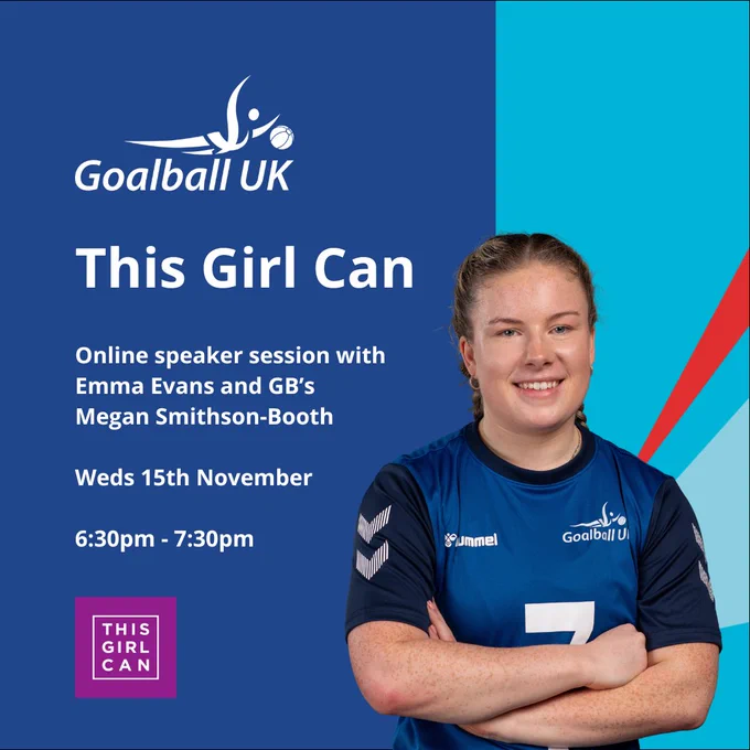 Branded graphic with white text showing the event details and a photo of Meg