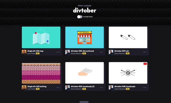 Screenshot of the pens taggued with the divtober hashtag and a gallery of 6 pens