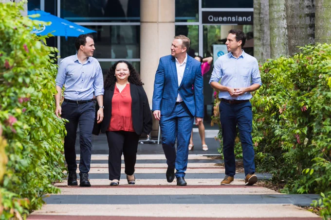 UQ's Dr Seth Cheetham with Dr Iris Depaz from Sanofi, Deputy Premier Steven Miles and Associate Professor, Tim Mercer.