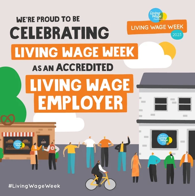 Cartoon style image shows people standing outside buildings. Text overlay says: We're proud to be celebrating living wage week as an accredited living wage employer. #LivingWageWeek