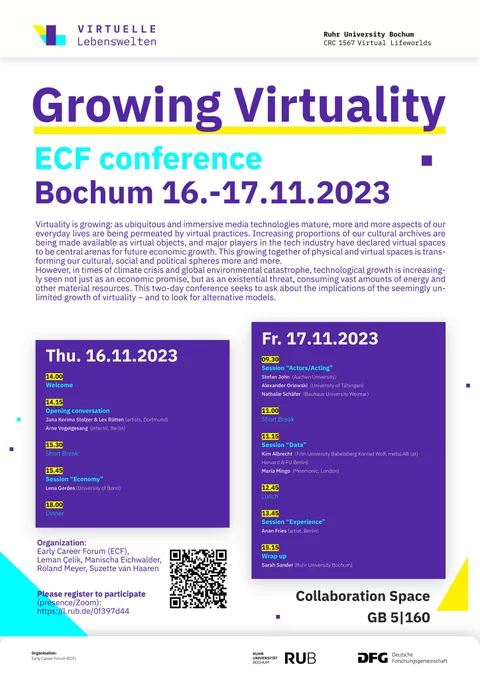 Poster with the programme for the ECF conference "Growing Virtuality", which will take place on 16 and 17 November 2023 at the Ruhr University Bochum.